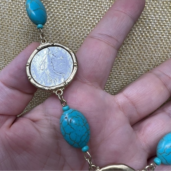 Chico's necklace turquoise howlite coin jewelry two sided gold silver tone - Picture 7 of 11